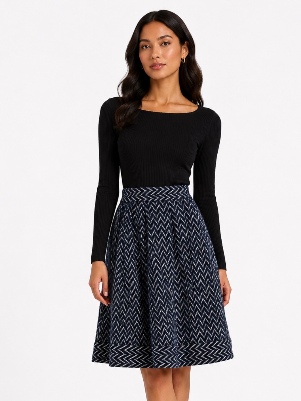 DIANE VON FURSTENBURG Navy Chevron Knit A-Line Skirt Size Small